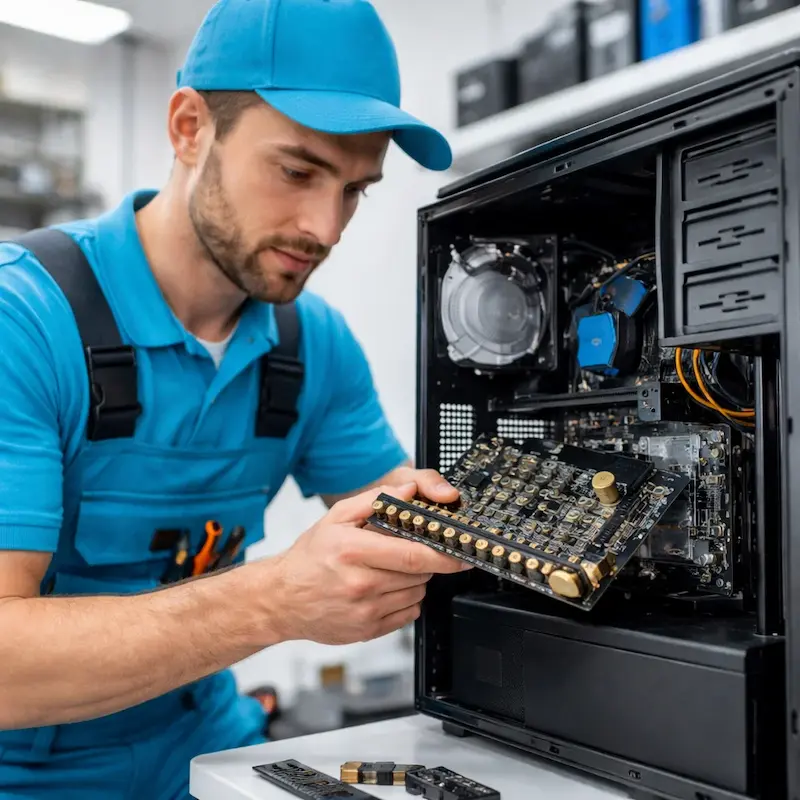 Мастер устанавливает звуковую карту на ПК в Курчатове